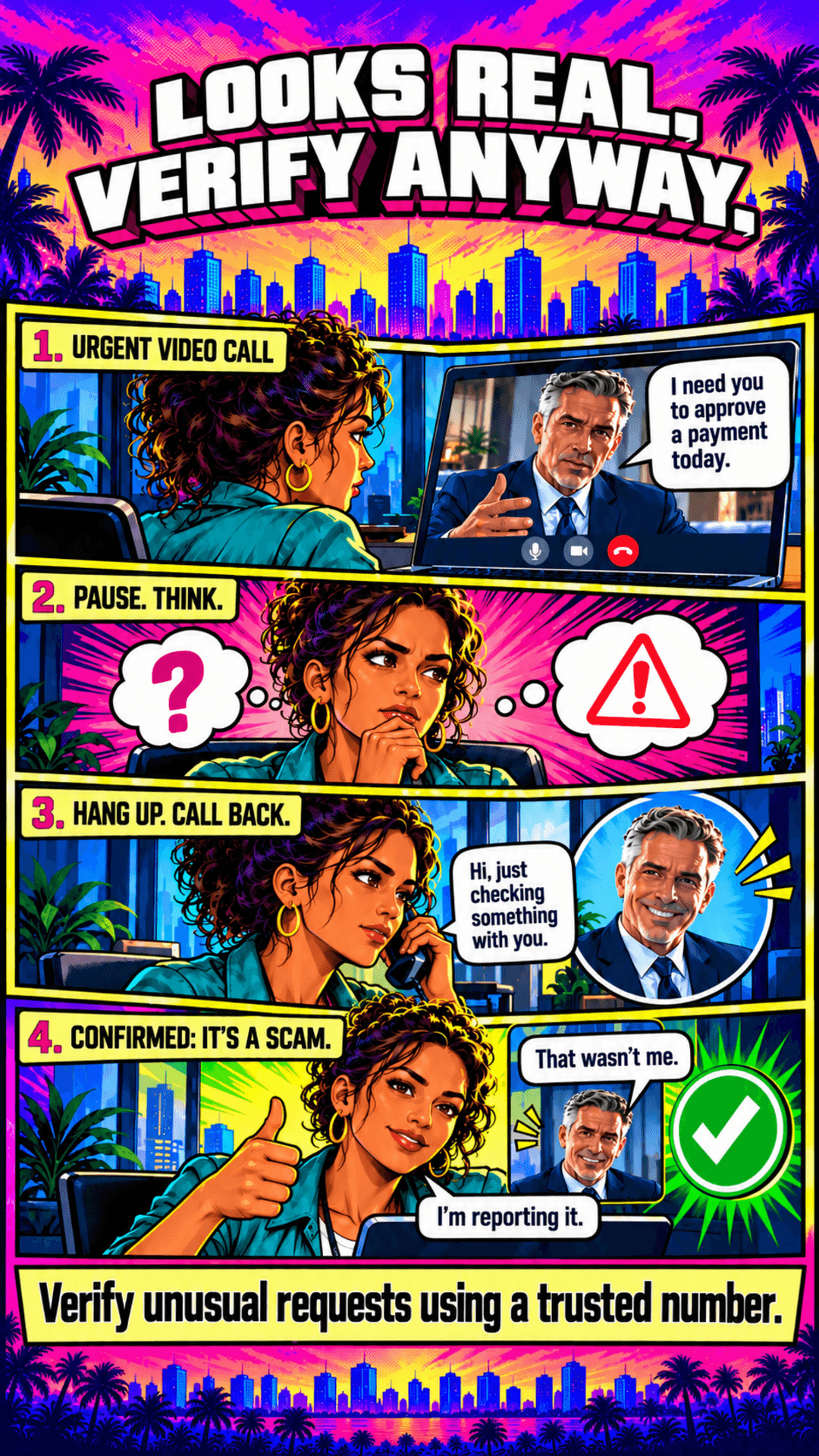 Comic-style poster showing an employee verifying an urgent video call payment request by calling back on a trusted number