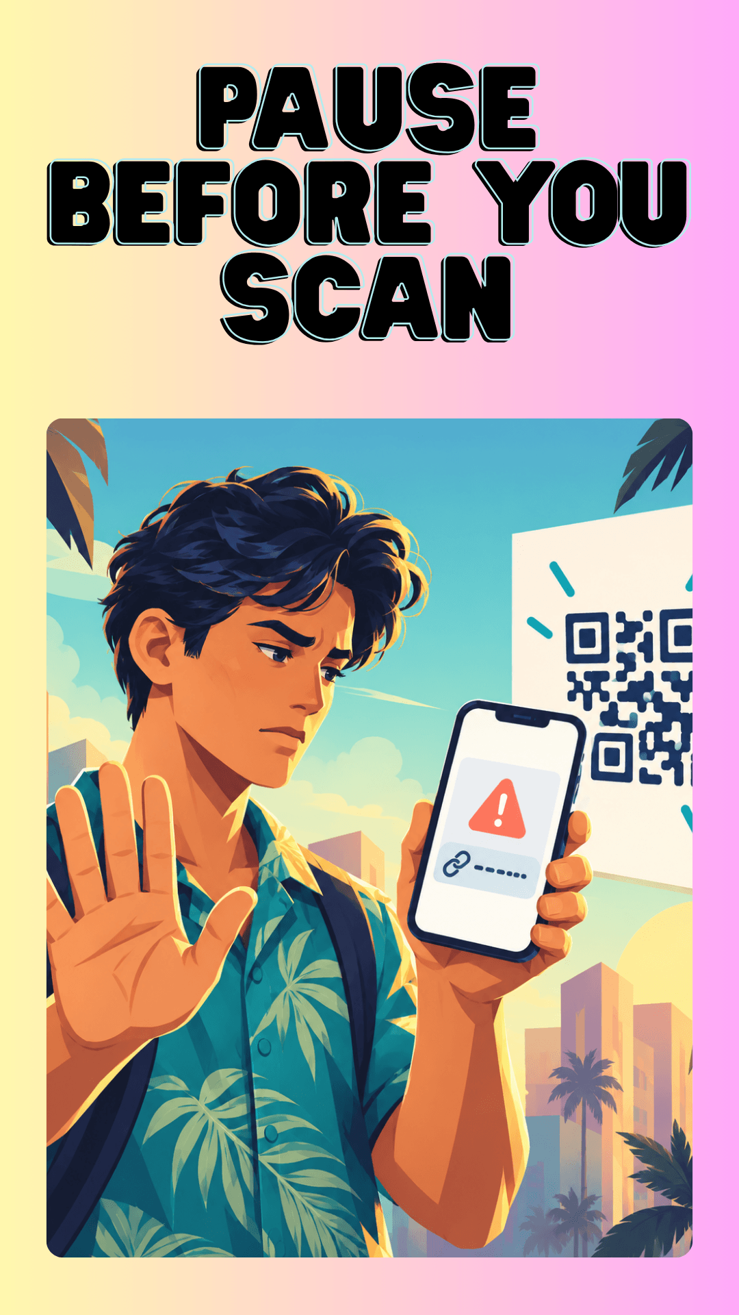 Poster of a person pausing before following a suspicious link from a QR code